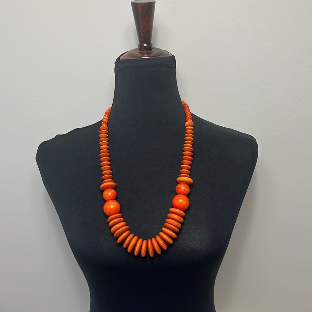 Vintage Wood Bead Statement Necklace 